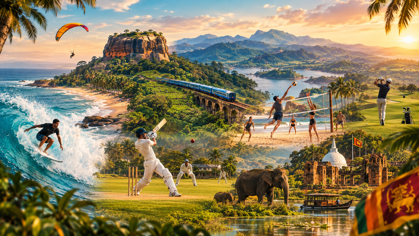 A panoramic collage of Sri Lankan landscapes, sport and travel